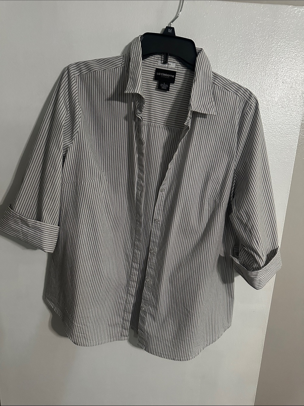 Women’s Liz Claiborne White Shirt with Thin Gray Stripes